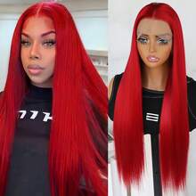 26 Inches Long Straight Red Color Hair Synthetic Lace Front Wigs 13x4 Lace Area Free Part Pre Plucked With Baby Hair Around Natural Hairline Glueless Heat Resistant Fiber Frontal Lace Wig For Fashion Women Girls Party Vacation Show Makeup Use Daily Wear - 紅色 - 查看 1