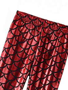 女孩美人鱼鳞片闪亮紧身打底裤，修身日常和派对穿着，彩虹色美人鱼亮片裤 - 紅色 - 查看 3