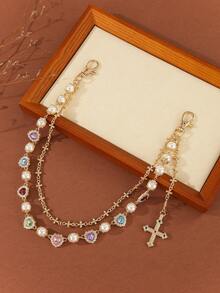 1pc Punk Style Faux Pearl & Rhinestone Heart Cross Pendant Jeans Chain, Unisex Street Fashion Party Waist Chain Accessory