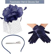 Ibeauti Fascinator Hats With Screentouch Lace Gloves Set Women Tea Party Cocktail Wedding Derby Headwear Short Gloves - 04 海軍藍 - 查看 2