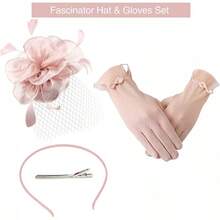 Ibeauti Fascinator Hats With Screentouch Lace Gloves Set Women Tea Party Cocktail Wedding Derby Headwear Short Gloves - 04 Pink - 查看 7