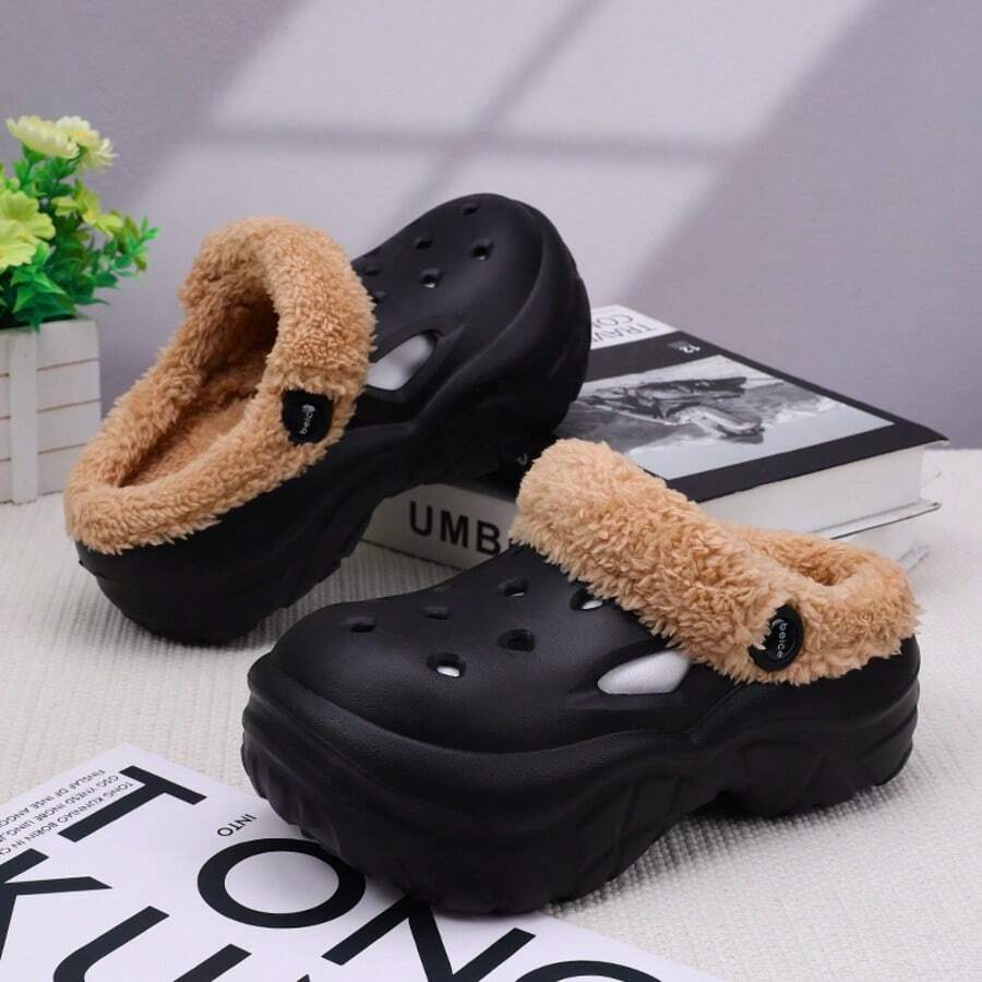 Thermal Lined Clogs For Women, Thick Sole Slip-On Shoes, Solid Color Outdoor Wear, 2025 New Thick Bottom Warm Cute Closed Toe Fluffy Slippers, Anti-Slip Nurse Shoes, Indoor/Outdoor Fashion Thermal Lined Clogs - Black - View 1