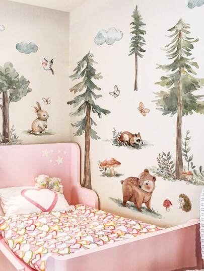 1pc/2pcs/4pcs Multi-Size PVC Self-Adhesive Removable Wall Stickers, Bird Nest & Bird Family, Green Leaves Plants, Butterfly Swarm, Needle-Leaf Plants, Pine Trees & Small Animals, Cartoon Decorative Stickers, Suitable For Bedroom, Living Room, Study, Dining Room, Bathroom, Home Wall Decor, Room Decoration