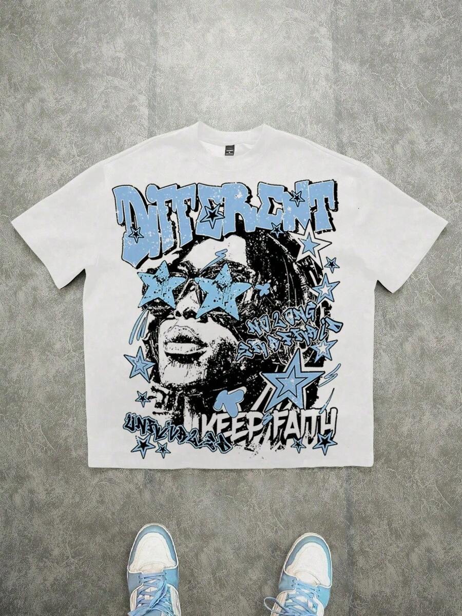 Boys & Teens' Casual Graphic Print Round Neck Short Sleeve T-Shirt, Summer Top - White - View 1