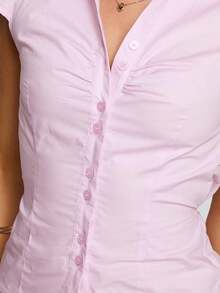 Women Y2k Button Down Shirt Top Tie Back Blouse Cap Sleeve Lapel Ruched Front Slim Fit T Shirts Crop Tops Summer Casual Going Out Tops Vintage Aesthetic Clothes Retro Blouse Streetwear - Hồng - Xem 9