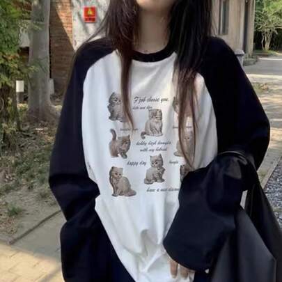 여성용 면 컬러블록 래글런 슬리브 귀여운 고양이 레터 프린트 데일리 캐주얼 루즈핏 긴팔 티셔츠, 일상 착용 및 통근에 다용도