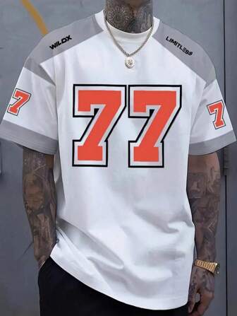 Men's Summer Fashion Street Style T-Shirt, Casual Round Neck Short Sleeve Top With 3D Numeric Printing - Black With Orange 77