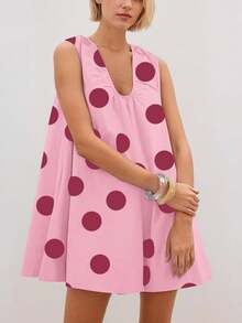 Women's Cute Polka Dot Babydoll Mini Dress Scoop Neck Flowy Sleeveless Short Dress Ruched Loose Fit Dress - Hồng - Xem 2