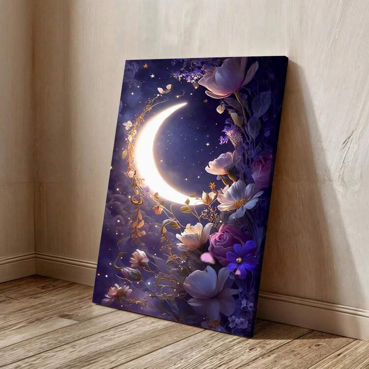 1pc, Framed Wall Art, Crescent Moon With Purple Flowers, Canvas Wall Art Featuring A Glowing Crescent Moon Surrounded By Vibrant Purple Flowers And Delicate Butterflies, Perfect For Adding A Touch Of Whimsical Elegance To Any Space, For Living Room, Bedroom, Bathroom, Study Room, Dining Room, Office, Wooden Wall Art Decor, Ideal Gift - Multicolor - View 1