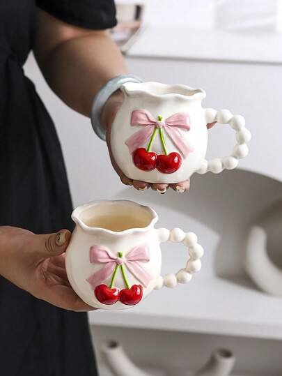 1pc High-Quality Embossed Cherry Ceramic Mug, Hand-Painted Bowknot Design, Pink Girly Style, Office Coffee Cup, Home Afternoon Tea Latte Cup, Juice Beverage Cup, Breakfast Milk Cup, Couple Water Cup, Holiday Gift Mug