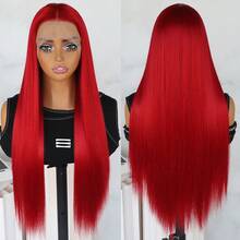 26 Inches Long Straight Red Color Hair Synthetic Lace Front Wigs 13x4 Lace Area Free Part Pre Plucked With Baby Hair Around Natural Hairline Glueless Heat Resistant Fiber Frontal Lace Wig For Fashion Women Girls Party Vacation Show Makeup Use Daily Wear - 紅色 - 查看 2