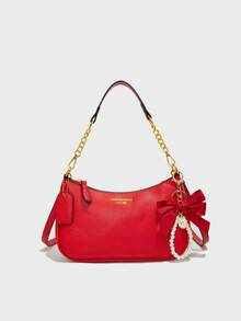 时尚新款经典女士单肩包，采用多功能PU防水面料，红色蝴蝶结吊坠，字母装饰设计。这是一款女士单肩包和腋下包，非常适合购物、通勤、外出、聚会或赠送亲朋好友。 - 紅色 - 查看 1
