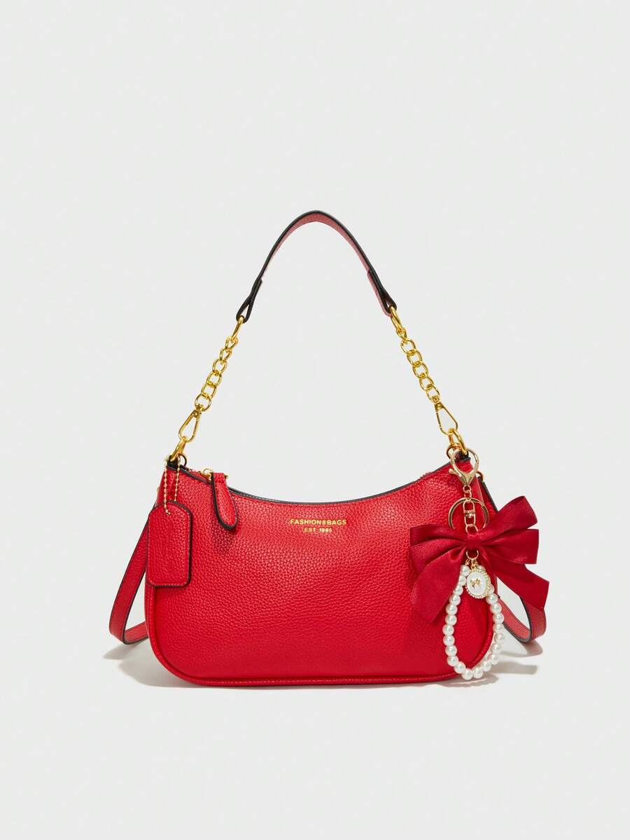 时尚新款经典女士单肩包，采用多功能PU防水面料，红色蝴蝶结吊坠，字母装饰设计。这是一款女士单肩包和腋下包，非常适合购物、通勤、外出、聚会或赠送亲朋好友。 - 紅色 - 查看 1