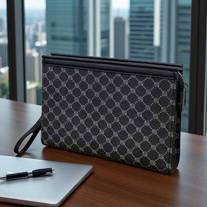 Men's Clutch Bag, Large Capacity Business Casual Plaid Handbag, Classic Style