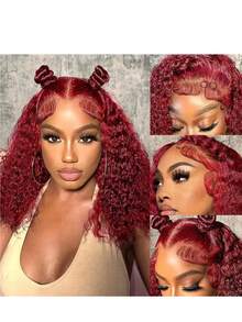 99J 酒红色短款波浪卷发假发，真人发假发，水波纹假发，带婴儿发，13x4 蕾丝前额真人发波波头假发，女士万圣节服装