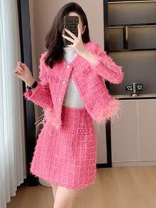 RUIWY 2 件套女士时尚经典格子优雅粉色夹克和迷你裙套装，秋季 - 粉色 - 查看 5
