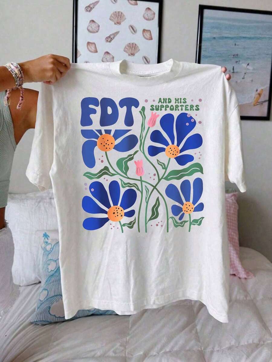FDT   Graphic Print T Shirt, Short Sleeve Crew Neck Casual Top For Summer & Spring, Women's T-Shirt - 白色 - 查看 1