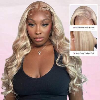 Eulisi Body Wave Wigs Highlight Ombre Lace Front Wig Human Hair P10/613 Lace Front Wig Human Hair 13x4 Wear And Go Glueless Wigs Human Hair HD Blonde Highlight Lace Front Wig Human Hair HD Transparent Pre Plucked 180% Density (24inch, P18/613 Straight Wig) Halloween Costumes