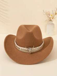 1 chiếc Mũ cao bồi miền Tây Unisex có hình đầu bò có thể tháo rời và trang trí bằng đá giả - Mũ nỉ màu nâu nhẹ, thích hợp cho tiệc Giáng sinh, hoạt động ngoài trời, lễ hội theo chủ đề, lễ kỷ niệm, mũ đội đầu bền - Nhiều màu - Xem 2