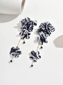 1 Pair Women's Elegant Zebra Print Fabric Flower Long Earrings, Suitable For Daily Wear (Bead Color Random) - Black and White 1094 - View 4