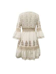 Vintage Floral Lace V Neck Flare Sleeve Tiered Dress - Apricot - View 3