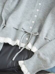 女士甜美蕾丝拼布抽绳针织开衫，圆领长袖毛衣，秋冬