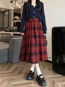 Plaid Casual Pleated High Waist Women's Skirt, Suitable For Daily Life, Photography, All Seasons - Red - View 7