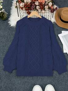 大码宽松休闲圆领长袖针织毛衣 - 寶藍色 - 查看 4