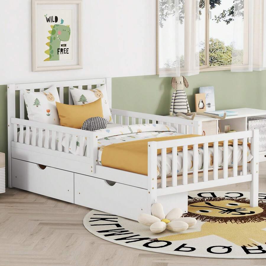 Twin Size Wood Kids Platform Bed With Guardrails On Both Sides And Two Storage Drawers ,White - 白色 - 查看 1