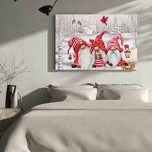 1pc, Framed Wall Art, Christmas Gnomes In Snowy Landscape, Three Festive Gnomes Wearing Red Hats And Scarves, Holding A Lantern And Surrounded By Snow-Covered Trees And Birds, Canvas Wall Art For Living Room, Bedroom, Bathroom, Study Room, Dining Room, Office, Wooden Wall Art Decor, Ideal Gift - 彩色 - 查看 5