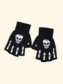 1pc Halloween High-End Skeleton Fingerless Gloves, Mysterious Skeleton Gloves, Halloween European And American Style Unisex Knitted Fingerless Skeleton Head Claw Half Finger Gloves For Performance, Party