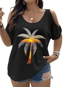 Plus Size - Women'S Oversized T-Shirt With Tropical Palm Tree & Sunset Design - Casual, Elegant Strapless Top In Black, Perfect For Summer Outfits Or Gifts, Summer Fashion Top | Tropical Print Top | Asymmetrical Hemline, Tropical Dress - 黑色 - 查看 1