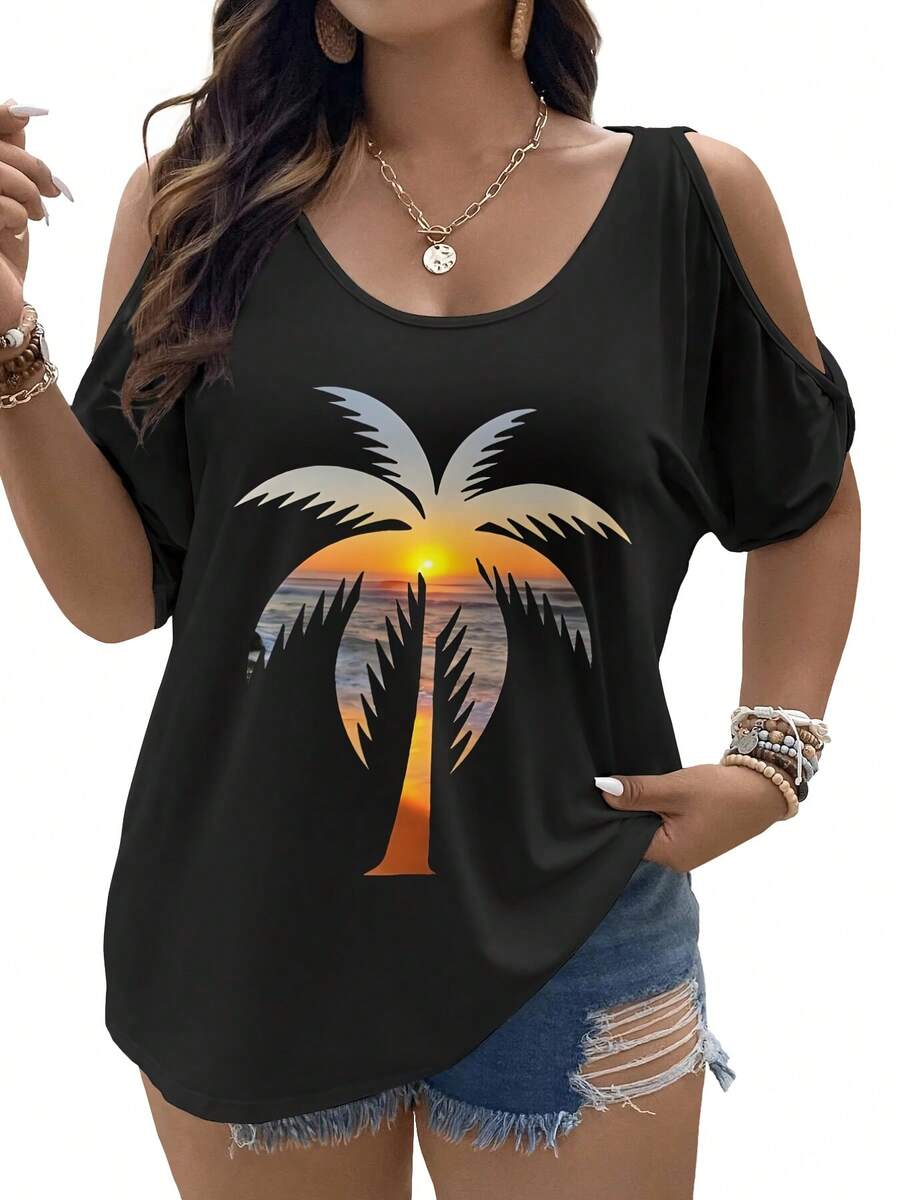 Plus Size - Women'S Oversized T-Shirt With Tropical Palm Tree & Sunset Design - Casual, Elegant Strapless Top In Black, Perfect For Summer Outfits Or Gifts, Summer Fashion Top | Tropical Print Top | Asymmetrical Hemline, Tropical Dress - 黑色 - 查看 1