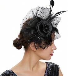 Ibeauti Fascinator Hats With Screentouch Lace Gloves Set Women Tea Party Cocktail Wedding Derby Headwear Short Gloves - 02 Black - 查看 3