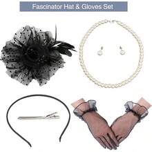 Ibeauti Fascinator Hats With Screentouch Lace Gloves Set Women Tea Party Cocktail Wedding Derby Headwear Short Gloves - 02 Black - 查看 5
