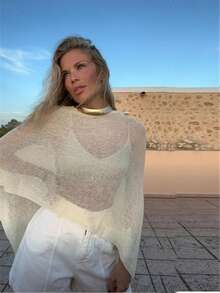 Women Sheer Mesh Poncho Top Crochet Knit Lightweight See Through Shawl Wrap Summer Oversized Loose Shrug Beachwear Swimsuit Bikini Cover Ups - 白色 - 查看 4