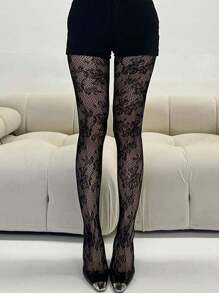 1 双黑色网状花卉渔网袜 | 性感透明蕾丝紧身裤，适合春秋季节 | 隐形黑色蕾丝袜，适合日常、户外、派对和节日穿着，万圣节圣诞节礼物