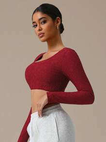 Sodalemon Women 1PC Fitness Training Long Sleeve Elastic Crop Top Workout Casual Yoga Gym Lace Sport T-Shirt - Red - View 7