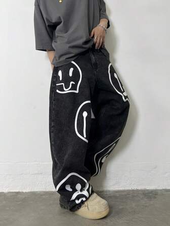 1pc Men's Retro Printed Wide Leg Jeans, Loose Fit Casual Denim Pants (Belt And Accessories Not Included)