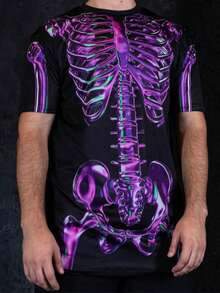 “男士哥特式街头 T 恤，带 3D 紫色骷髅印花，万圣节图案短袖 T 恤” - 彩色 - 查看 1