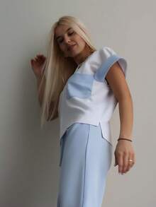 cimmuovere Damen Kontrast V-Ausschnitt Kurzarm Taschen Lässig Pflege Uniform Frostoptik Oberteil