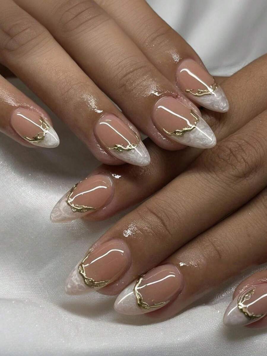 24pcs Short Almond-Shaped French Manicure Nail Stickers, Gold Line Art Minimalist Style Full Coverage, Suitable For Women And Girls Daily Wear, Summer Nail Art Supplies Nails - Multicolor - View 1
