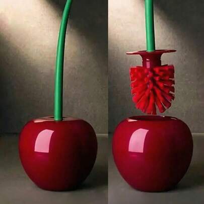 1个樱桃色立式马桶刷，家用长柄软毛马桶清洁刷，塑料清洁刷套装，节省空间，强力去污，时尚简约，适用于浴室、酒店、公寓、合租公寓、宿舍、小木屋、房车和露营车。