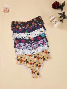 7pcs Halloween Printed Women's Underwear, Comfortable Seamless V-Waist Lifting Wavy Edge Briefs