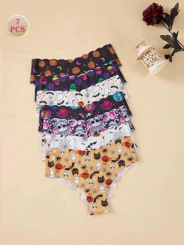 7pcs Halloween Printed Women's Underwear, Comfortable Seamless V-Waist Lifting Wavy Edge Briefs