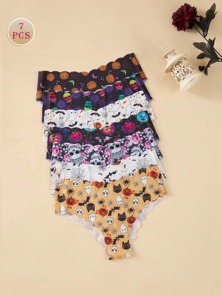 7pcs Halloween Printed Women's Underwear, Comfortable Seamless V-Waist Lifting Wavy Edge Briefs