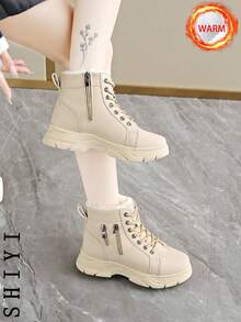 2025冬季女式雪地靴，毛绒内衬，加厚保暖，增高设计，时尚百搭，学生休闲短靴 - 卡其色 - 查看 11