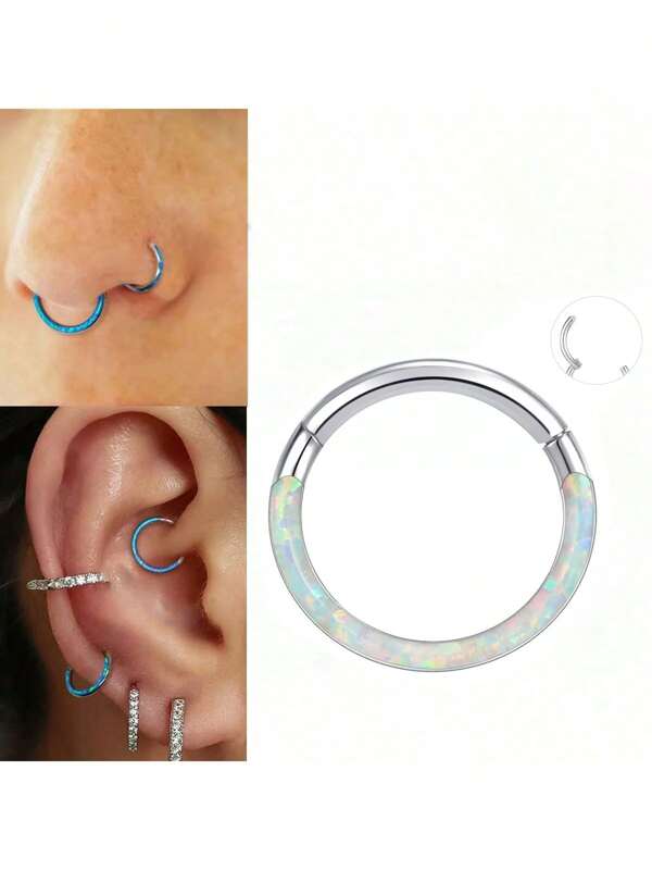 1PC Front Opal Nose Ring Stainless Steel Hypoallergenic 16G Hinged Septum Nose Ring Clicker Segment Nasal Puncture Jewelry Cartilage Hoop Daith Hoops Conch Helix Tragus Rook Lobe Ear Piercing Jewelry,Earlobe Earring,Belly Button Decoration Blue Pink 8mm 10mm Women And Men Body Piercing Jewelry