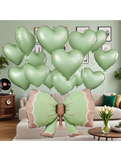 7 balões metalizados em formato de borboleta e coração verde-oliva fosco, decoração de balões de aniversário, decoração de festa temática, decoração de festa de comemoração, decoração de despedida de solteira