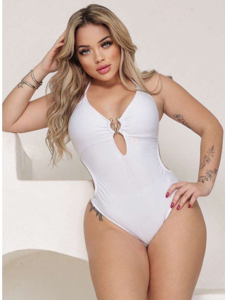 Halter-Neck Swimsuit Simple Casual Sexy Backless Holiday Beach Vacation Daily Travel - White - View 1